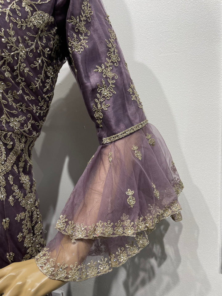 Jannah - Lavender Heavy Embroidered Net Party Gown with Bell Sleeves/White Gold Embroidered - 3pcs