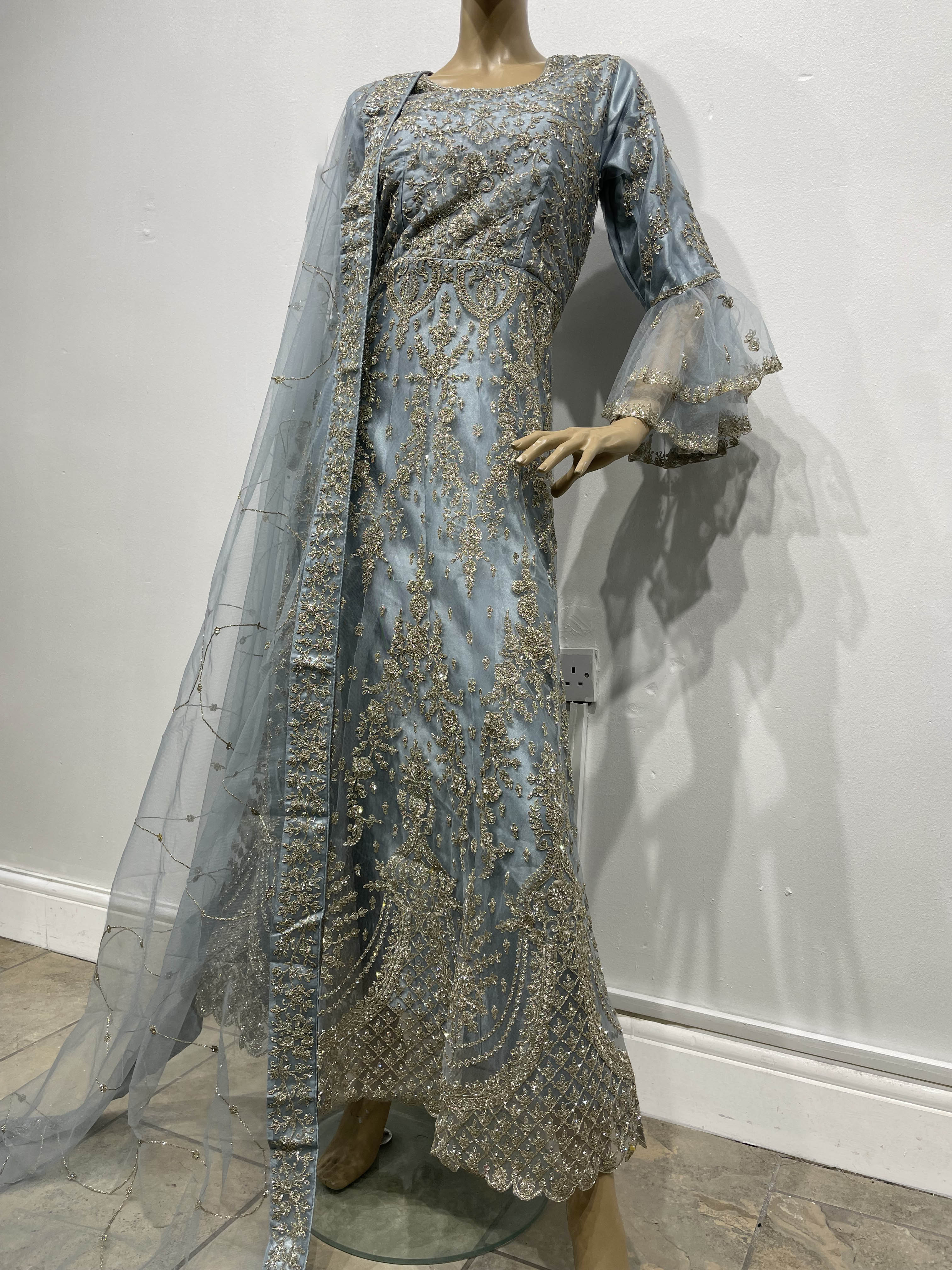 Blue Grey Heavy Embroidered Gown with Bell Sleeve