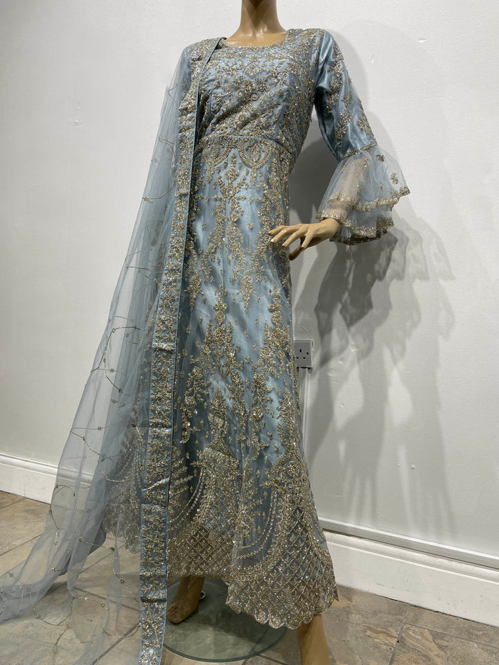 Jannah - Blue Heavy Embroidered Net Party Gown with Bell Sleeves/White Gold Embroidered - 3pcs