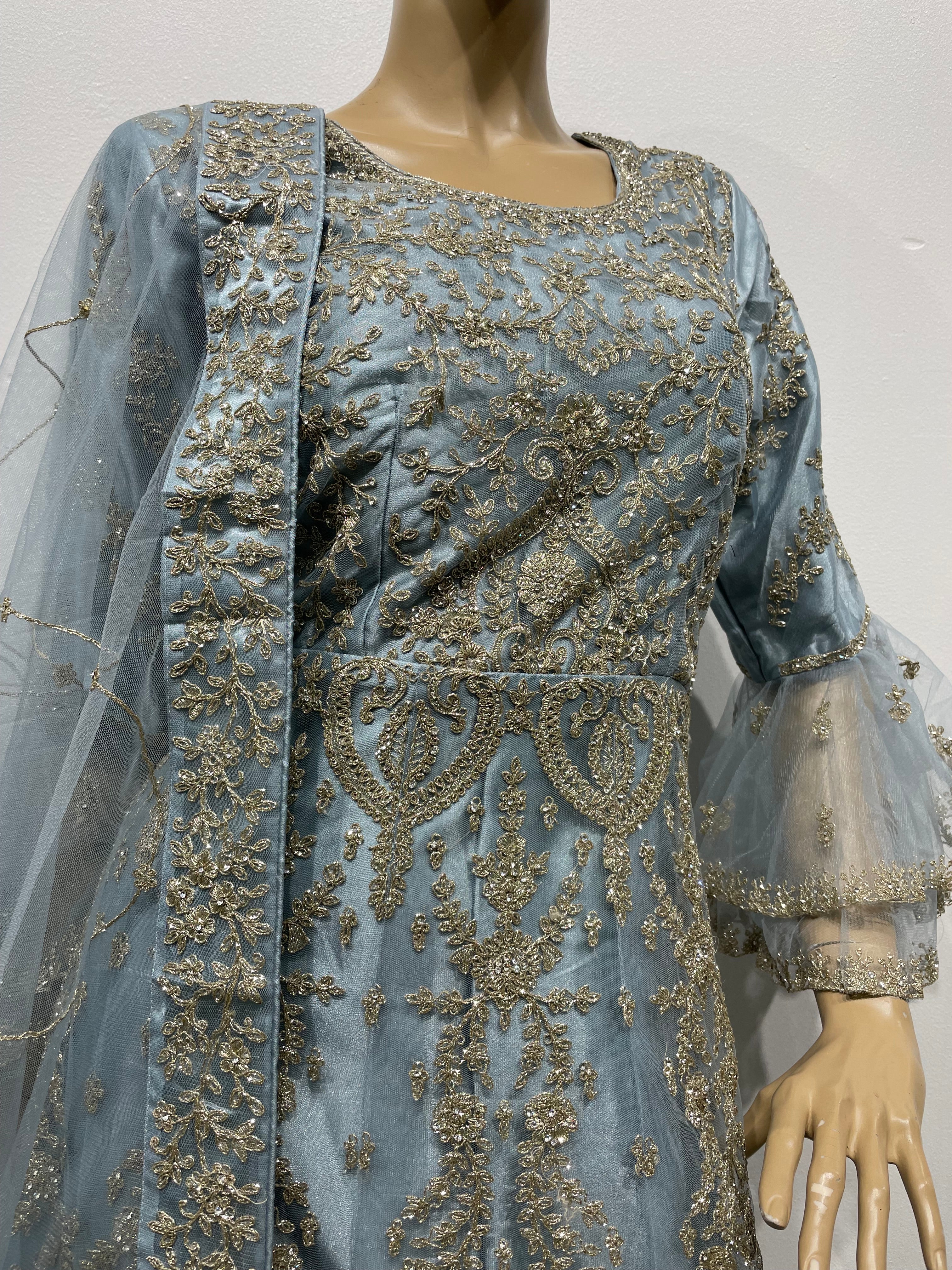 Blue Grey Heavy Embroidered Gown with Bell Sleeve