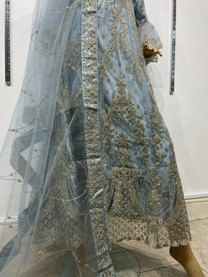 Jannah - Blue Heavy Embroidered Net Party Gown with Bell Sleeves/White Gold Embroidered - 3pcs