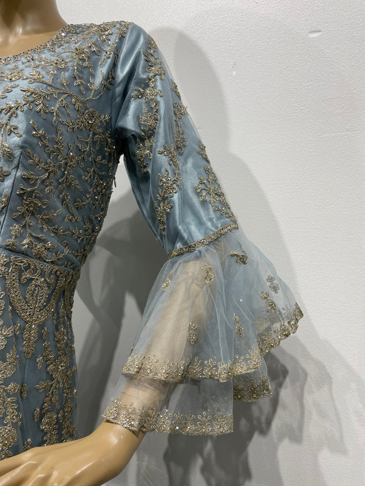 Jannah - Blue Heavy Embroidered Net Party Gown with Bell Sleeves/White Gold Embroidered - 3pcs