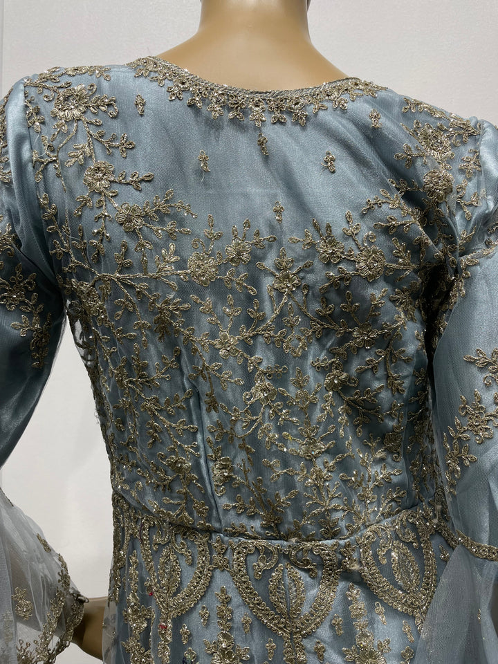 Jannah - Blue Heavy Embroidered Net Party Gown with Bell Sleeves/White Gold Embroidered - 3pcs