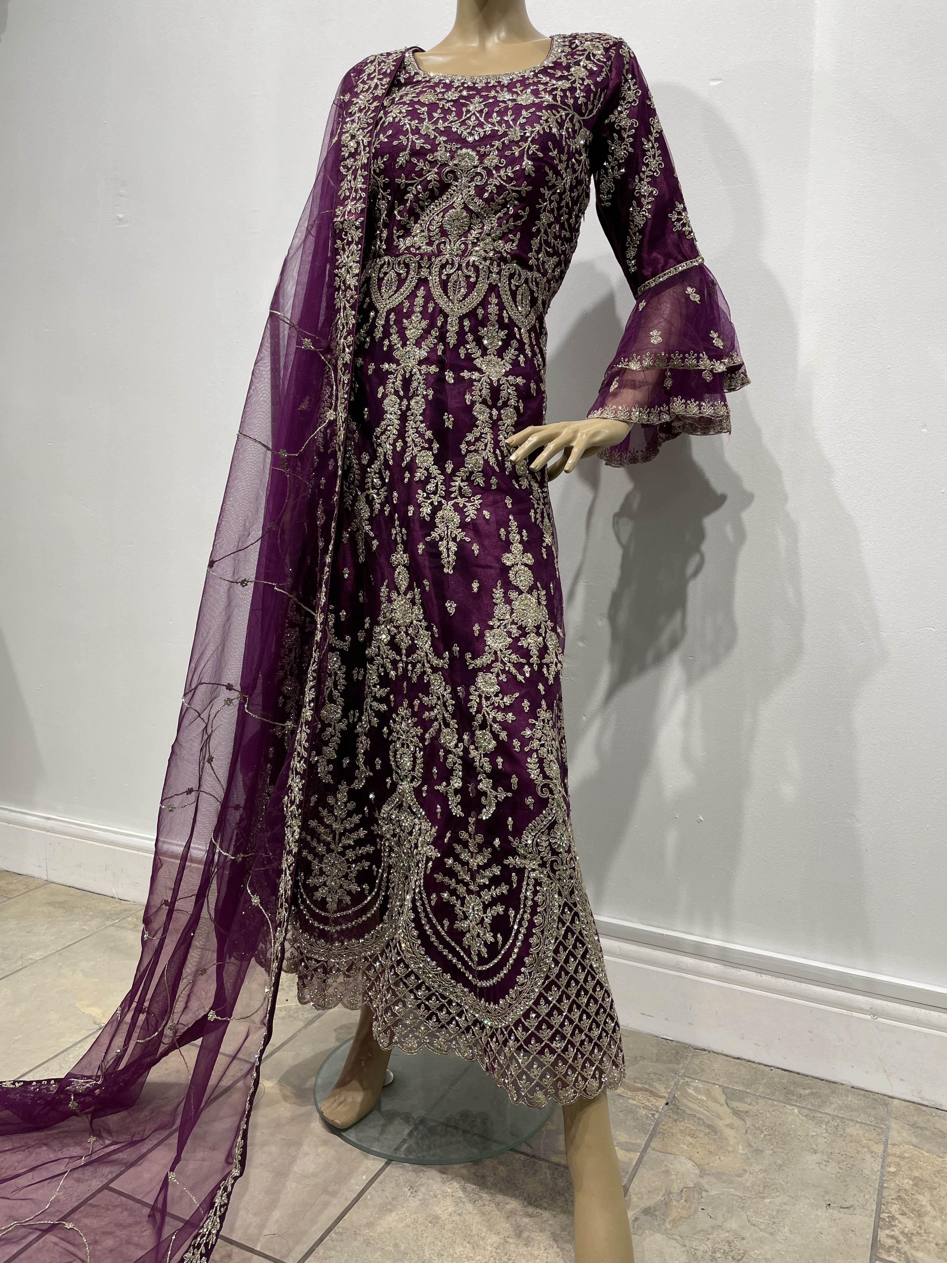 Purple Heavy Embroidered Gown with Bell Sleeve