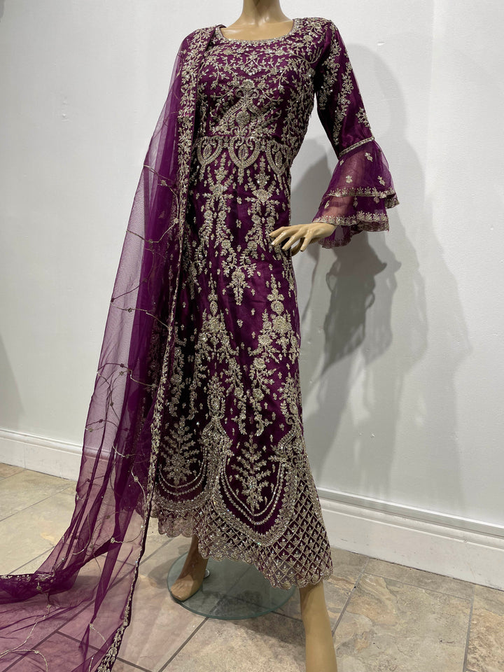 Jannah - Purple Heavy Embroidered Net Party Gown with Bell Sleeves/White Gold Embroidered - 3pcs