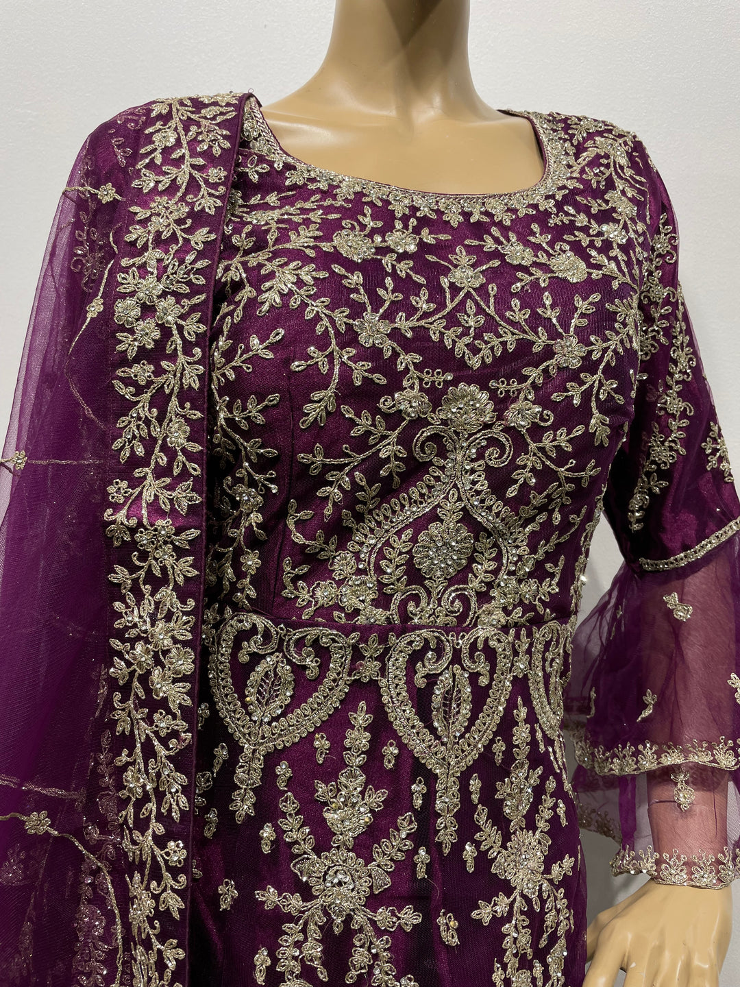 Jannah - Purple Heavy Embroidered Net Party Gown with Bell Sleeves/White Gold Embroidered - 3pcs