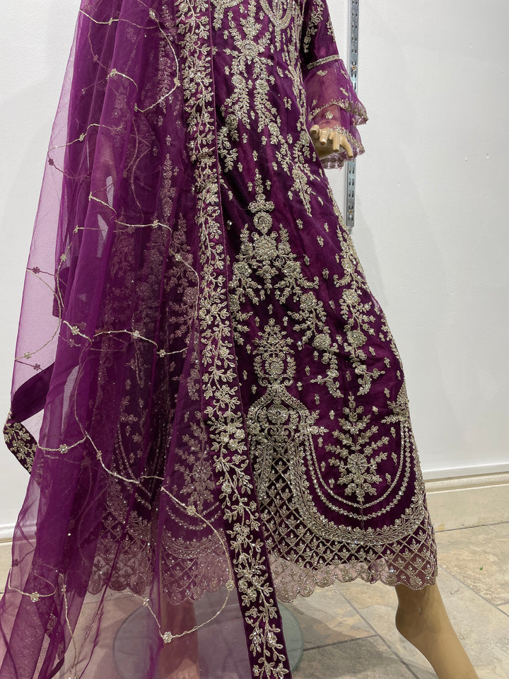 Jannah - Purple Heavy Embroidered Net Party Gown with Bell Sleeves/White Gold Embroidered - 3pcs