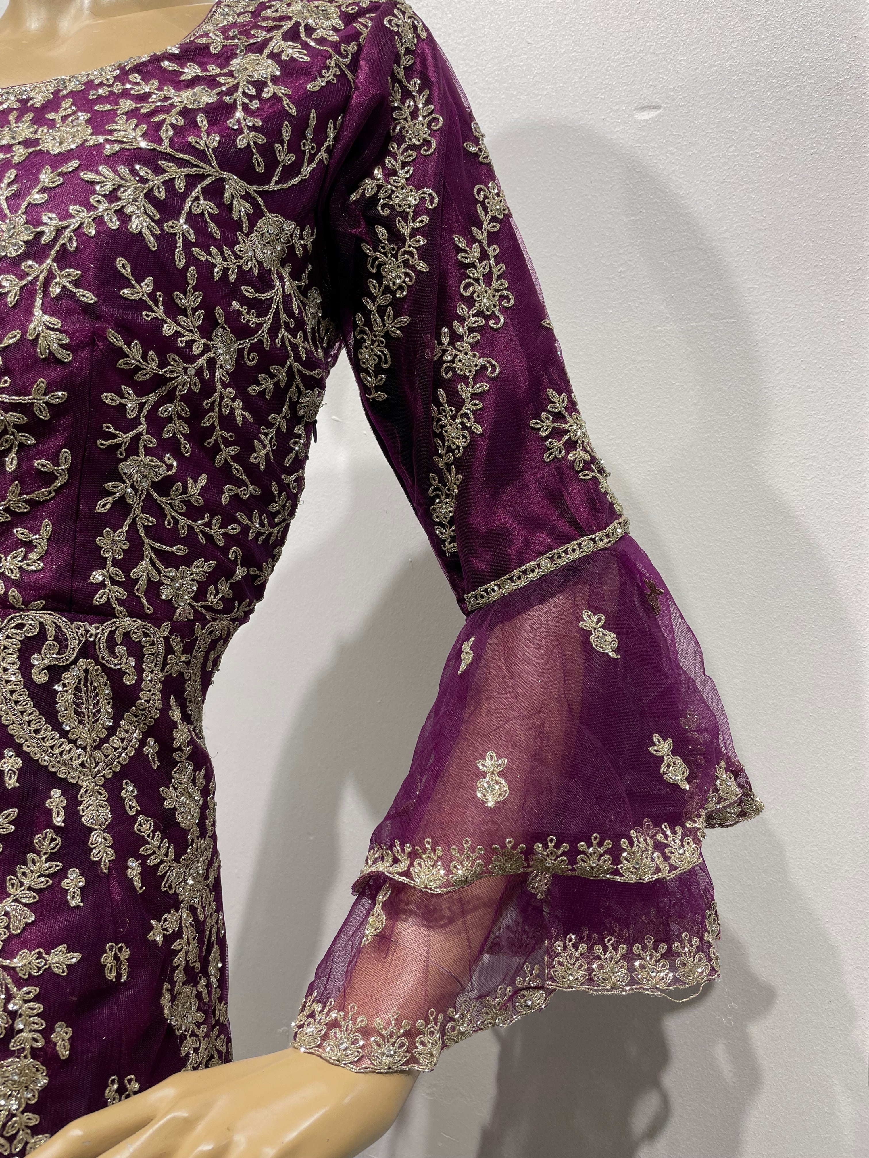 Purple Heavy Embroidered Gown with Bell Sleeve