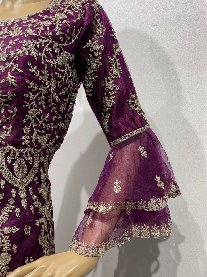 Jannah - Purple Heavy Embroidered Net Party Gown with Bell Sleeves/White Gold Embroidered - 3pcs