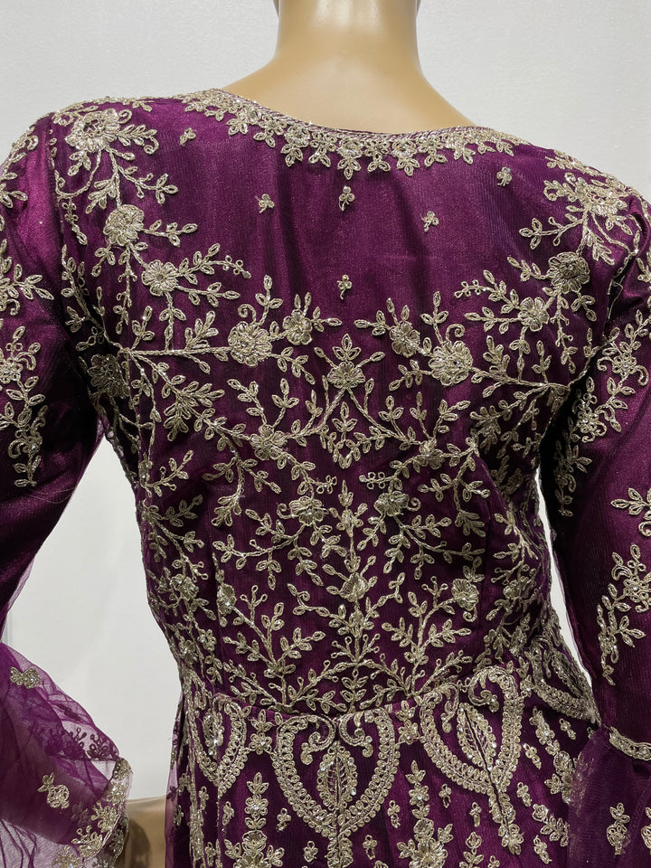 Jannah - Purple Heavy Embroidered Net Party Gown with Bell Sleeves/White Gold Embroidered - 3pcs