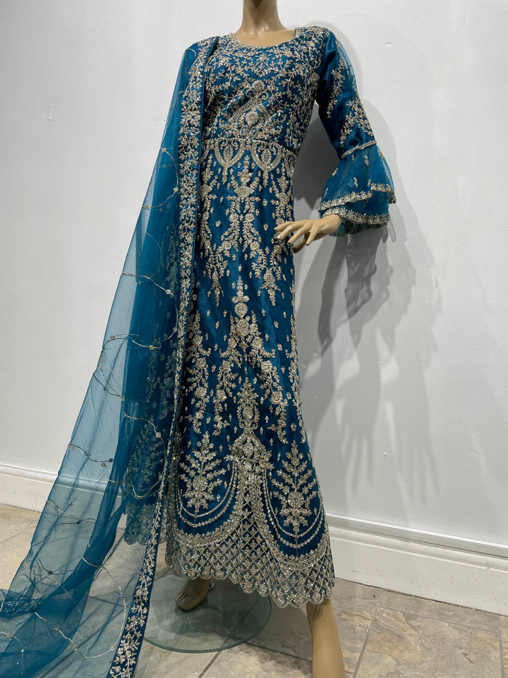 Jannah - Dark Teal Heavy Embroidered Net Party Gown with Bell Sleeves/White Gold Embroidered - 3pcs