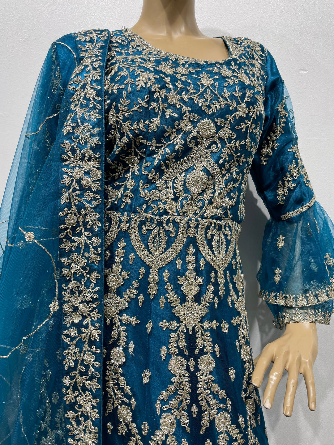 Jannah - Dark Teal Heavy Embroidered Net Party Gown with Bell Sleeves/White Gold Embroidered - 3pcs