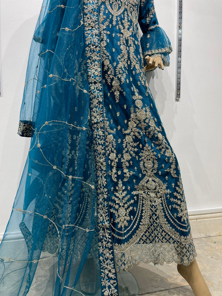 Jannah - Dark Teal Heavy Embroidered Net Party Gown with Bell Sleeves/White Gold Embroidered - 3pcs