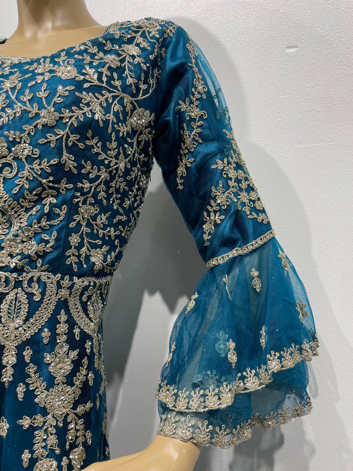 Jannah - Dark Teal Heavy Embroidered Net Party Gown with Bell Sleeves/White Gold Embroidered - 3pcs