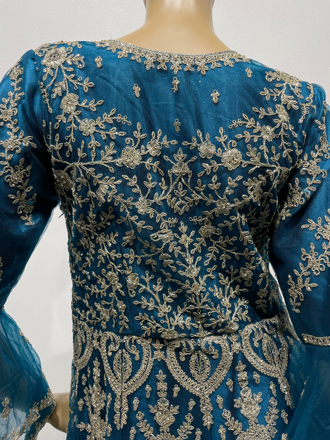 Jannah - Dark Teal Heavy Embroidered Net Party Gown with Bell Sleeves/White Gold Embroidered - 3pcs