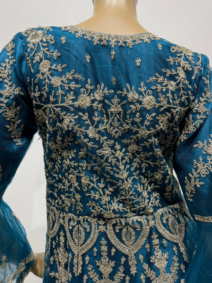 Jannah - Dark Teal Heavy Embroidered Net Party Gown with Bell Sleeves/White Gold Embroidered - 3pcs
