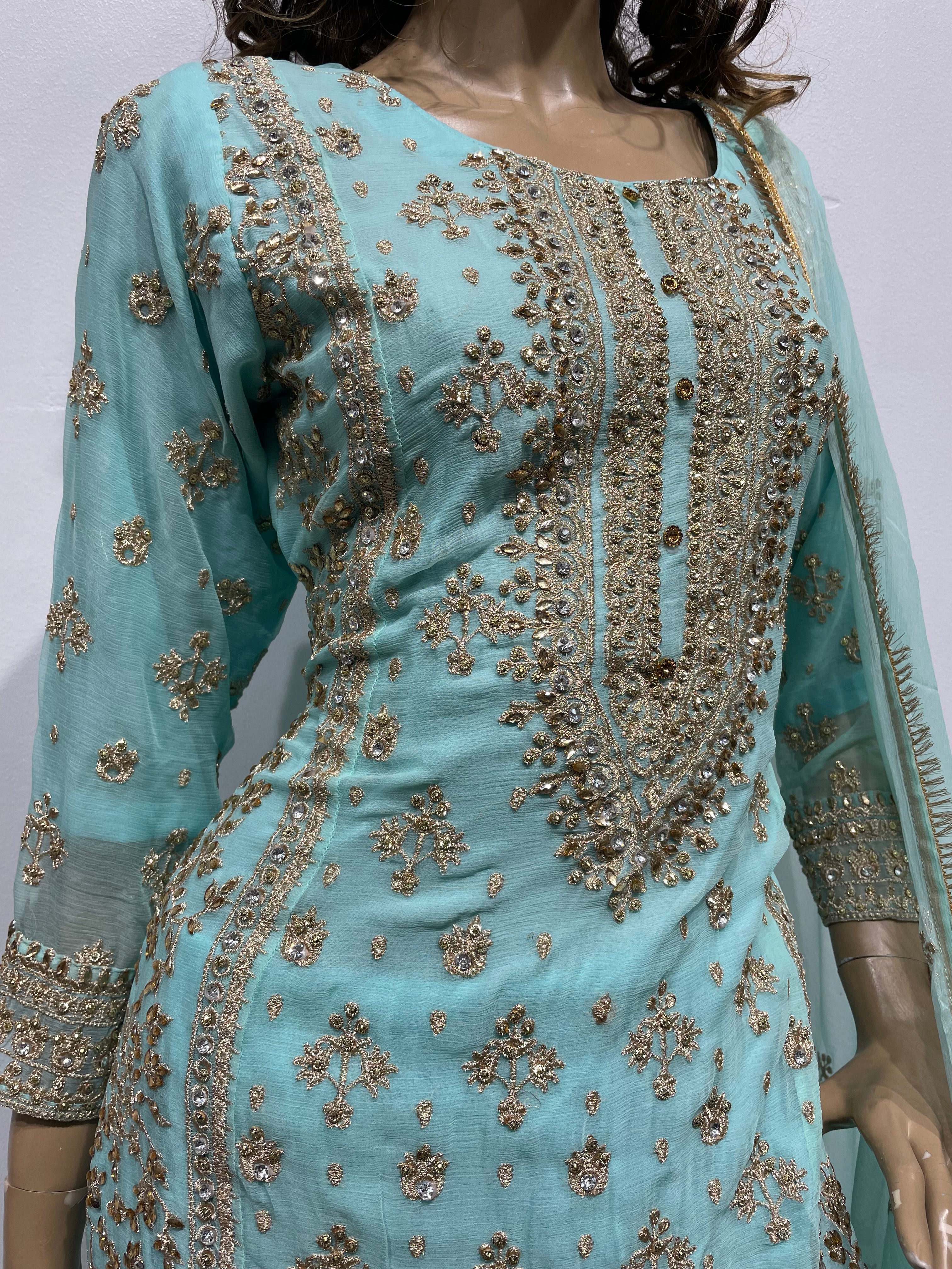 Turquoise Chiffon Sharara - Gold Embroidery