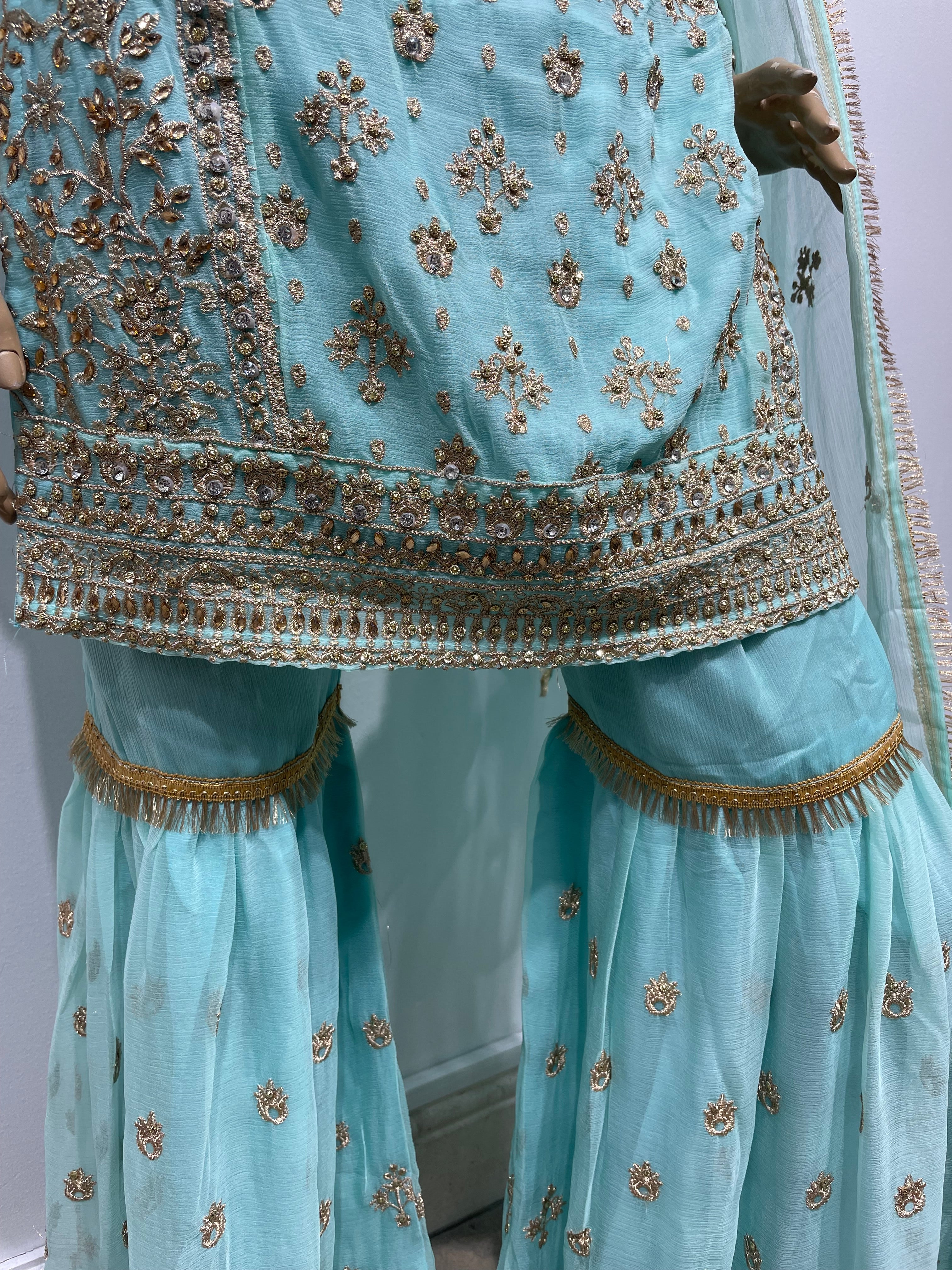 Turquoise Chiffon Sharara - Gold Embroidery