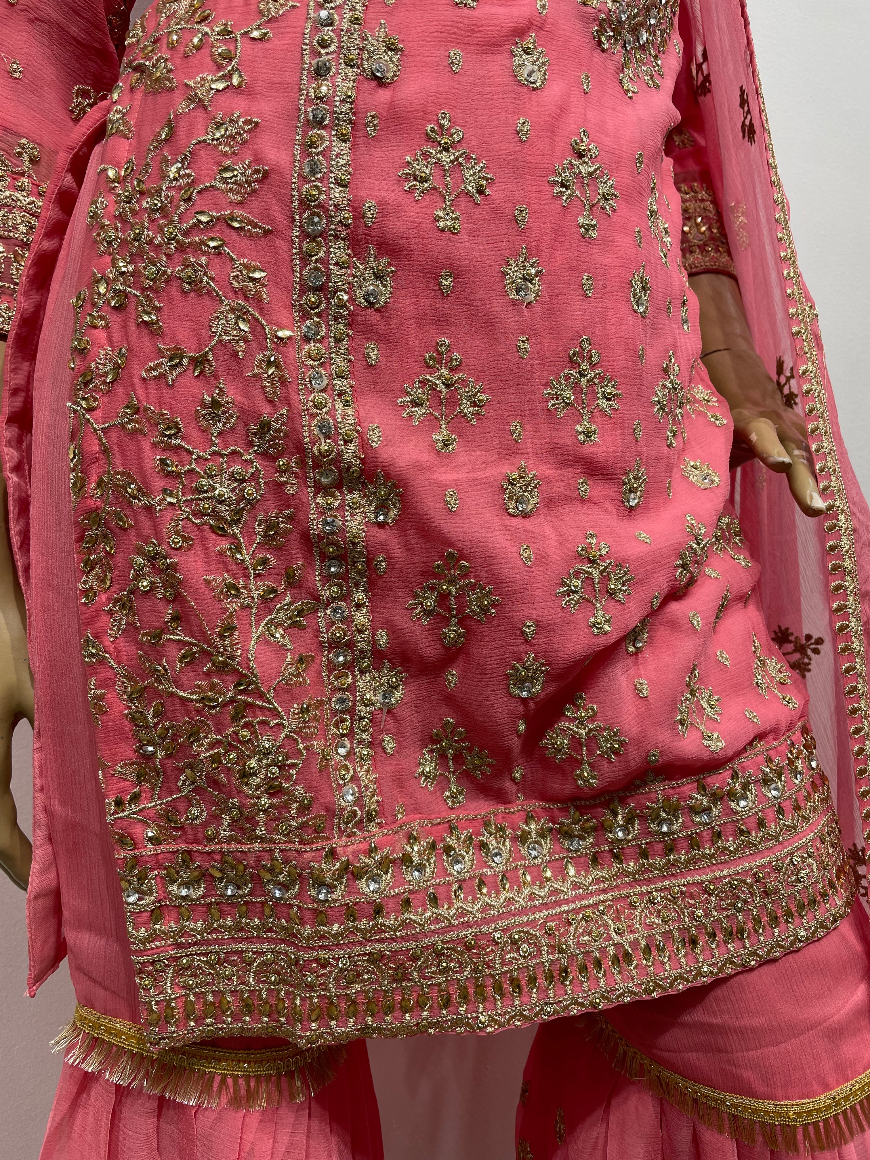 Pink Chiffon Sharara - Gold Embroidery