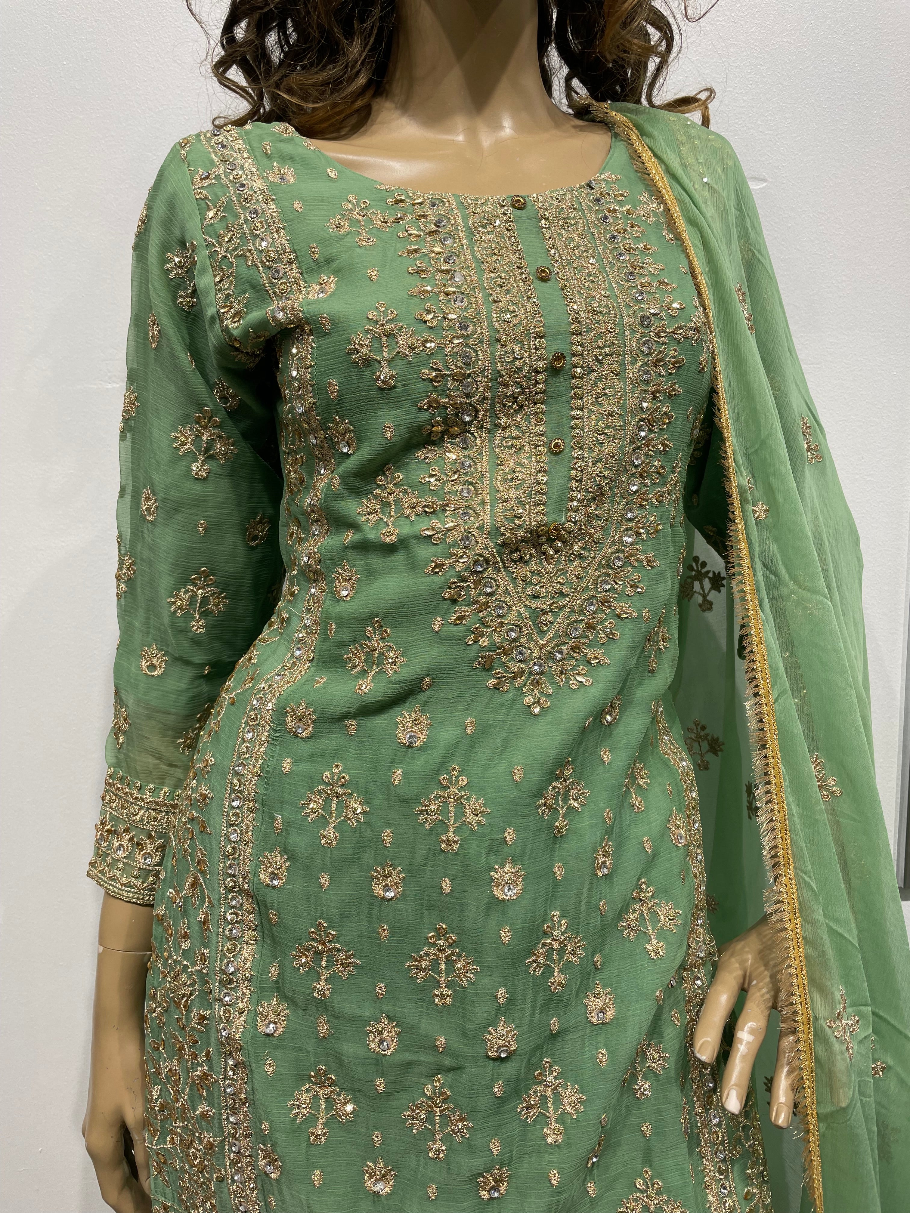 Green Chiffon Sharara - Gold Embroidery
