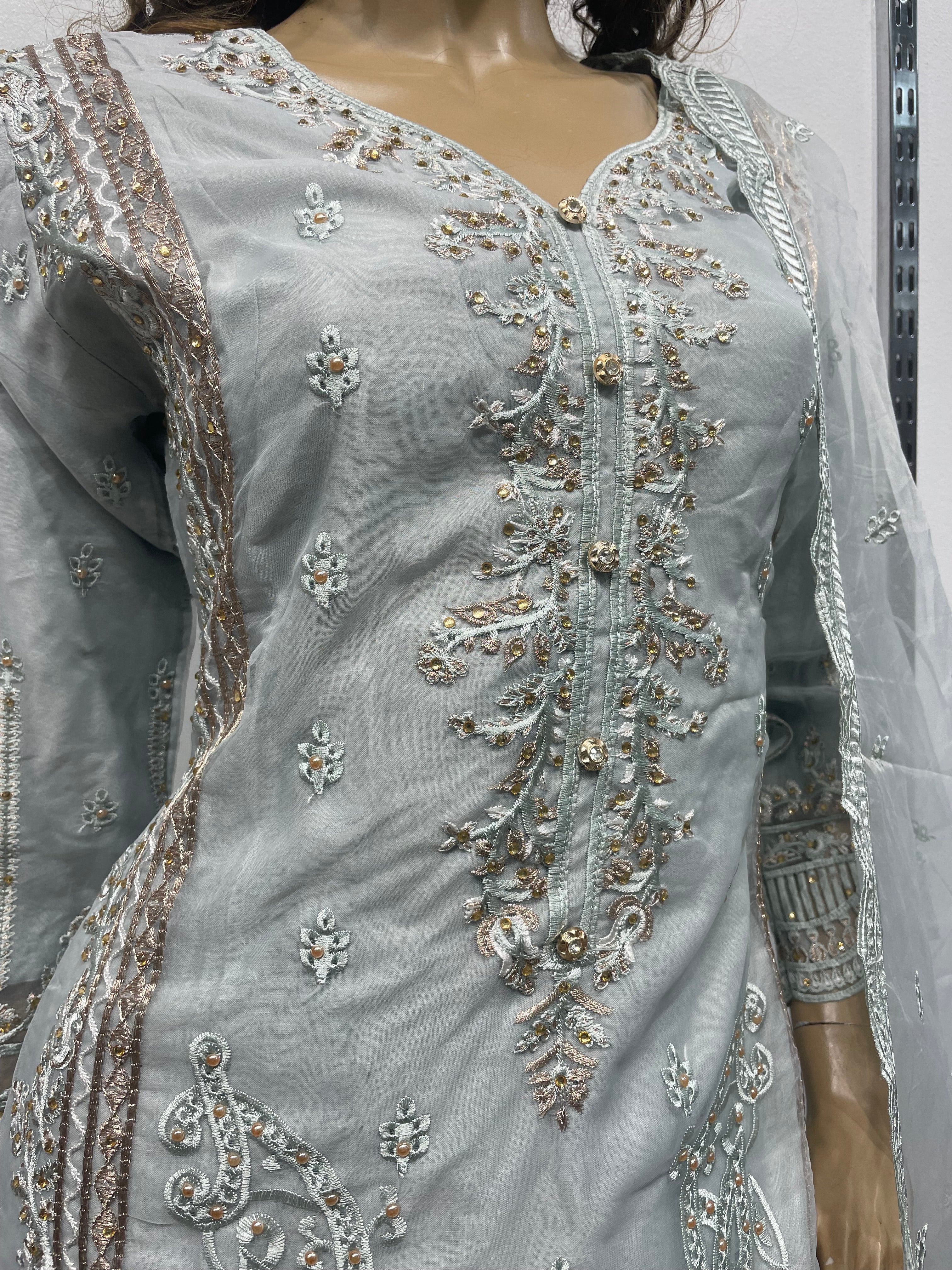 O1 - Grey Blue Organza Shalwar Kameez - Gold Embroidery