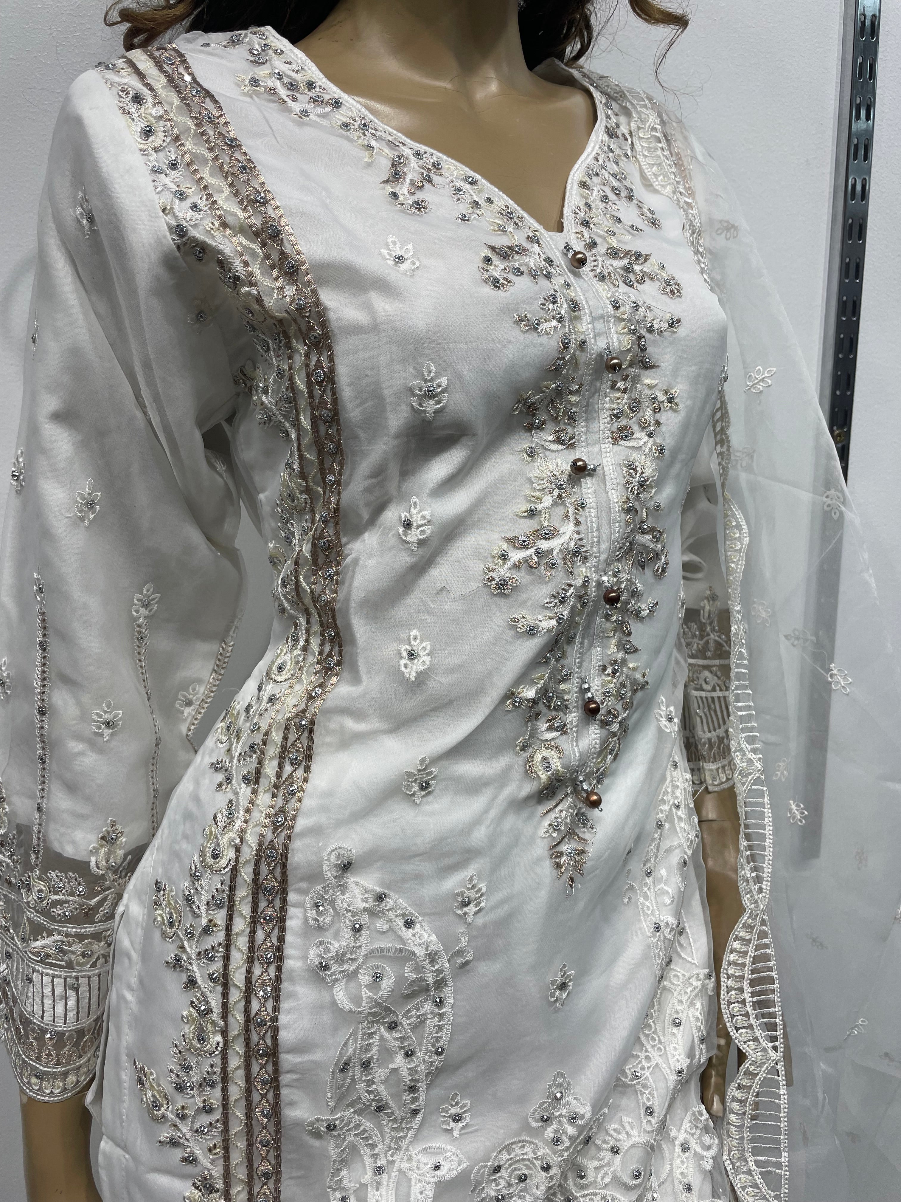 O1 - White Organza Shalwar Kameez - Gold Embroidery