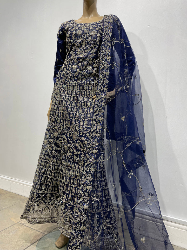 Yusra - Blue Heavy Embroidered Net Party Gown with White Gold Embroidered - 3pcs