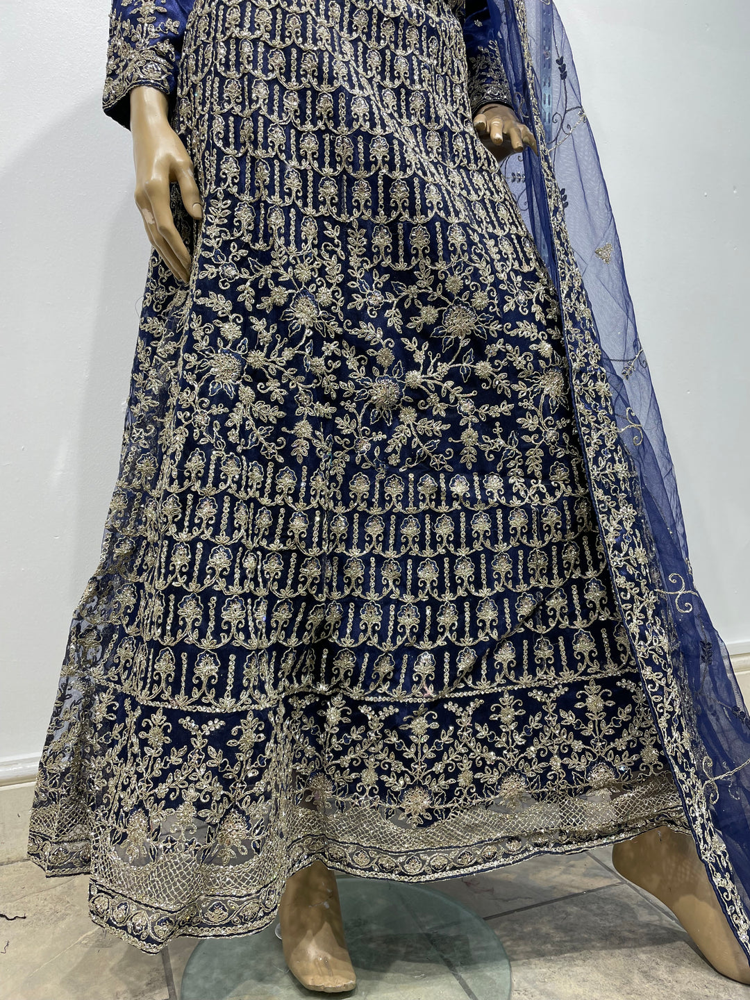 Yusra - Blue Heavy Embroidered Net Party Gown with White Gold Embroidered - 3pcs