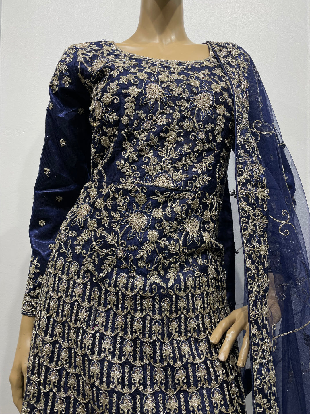Yusra - Blue Heavy Embroidered Net Party Gown with White Gold Embroidered - 3pcs