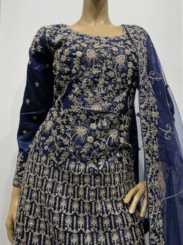 Yusra - Blue Heavy Embroidered Net Party Gown with White Gold Embroidered - 3pcs