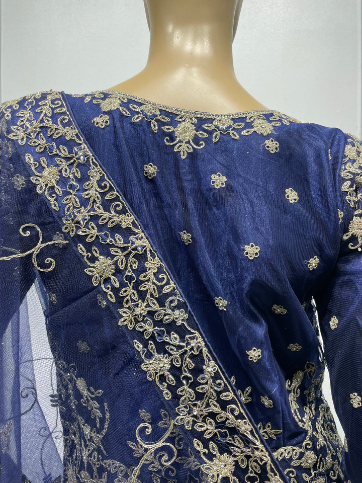 Yusra - Blue Heavy Embroidered Net Party Gown with White Gold Embroidered - 3pcs