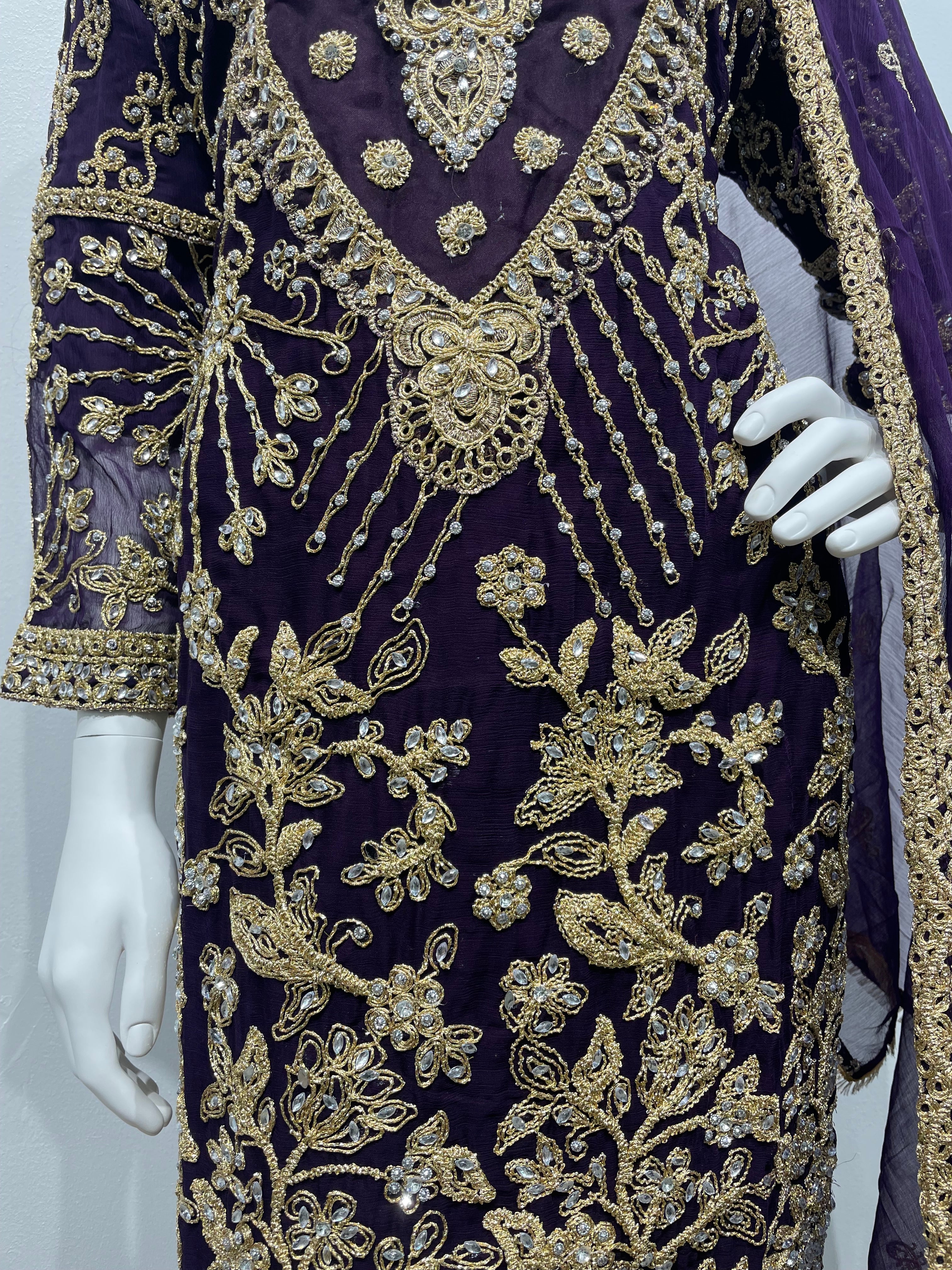 Purple Chiffon Shalwar Kameez with Gold Embroidery