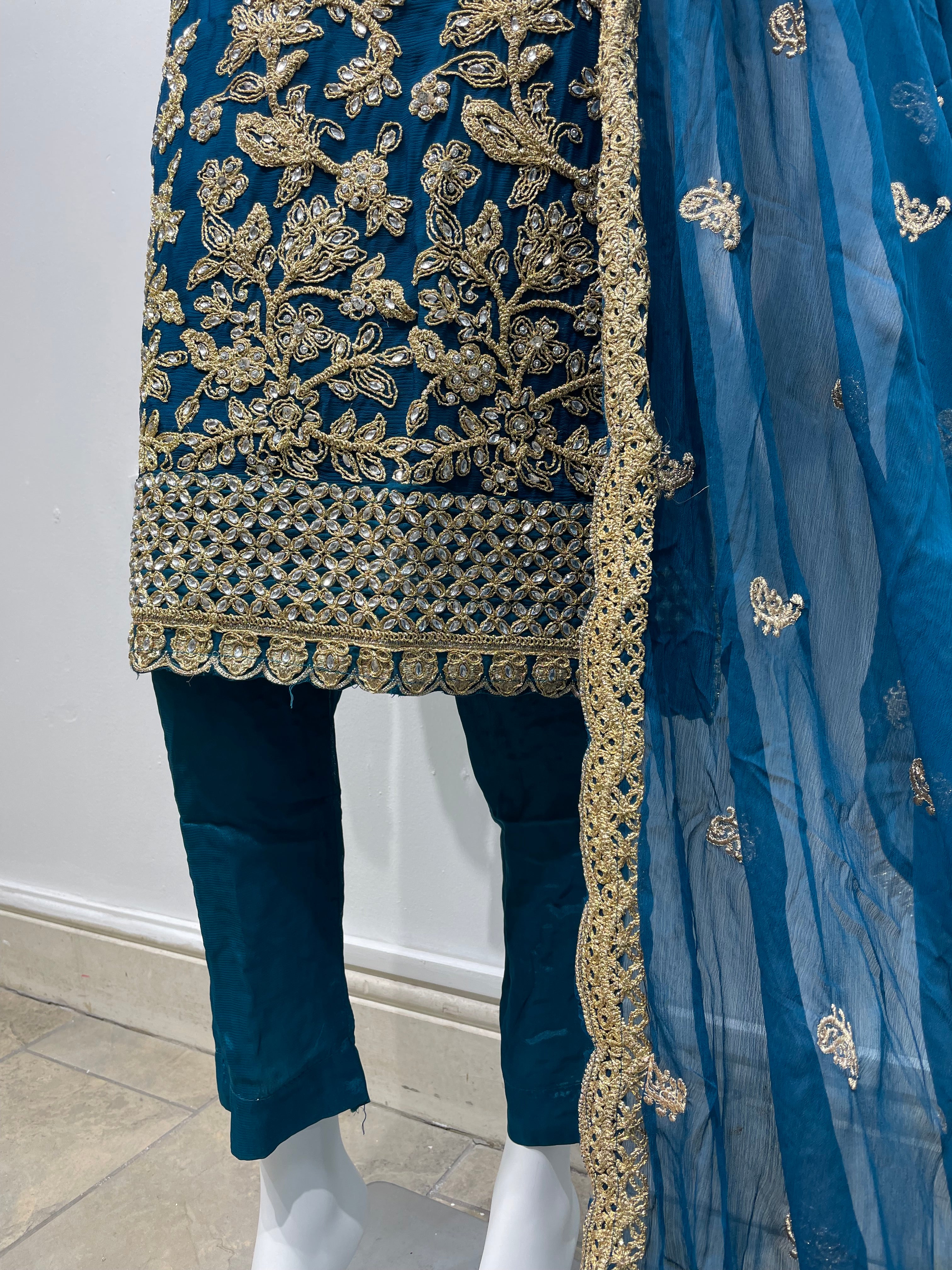 Teal Chiffon Shalwar Kameez with Gold Embroidery