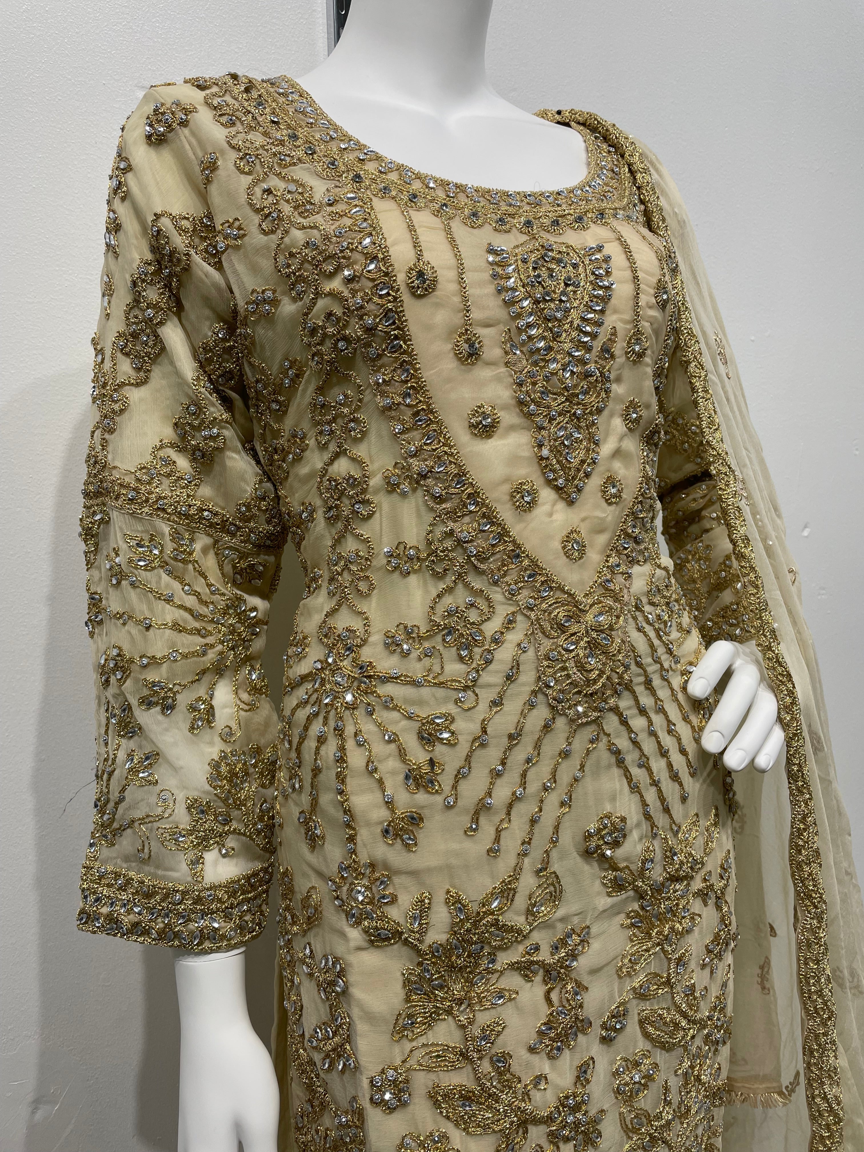 Gold Chiffon Shalwar Kameez with Gold Embroidery