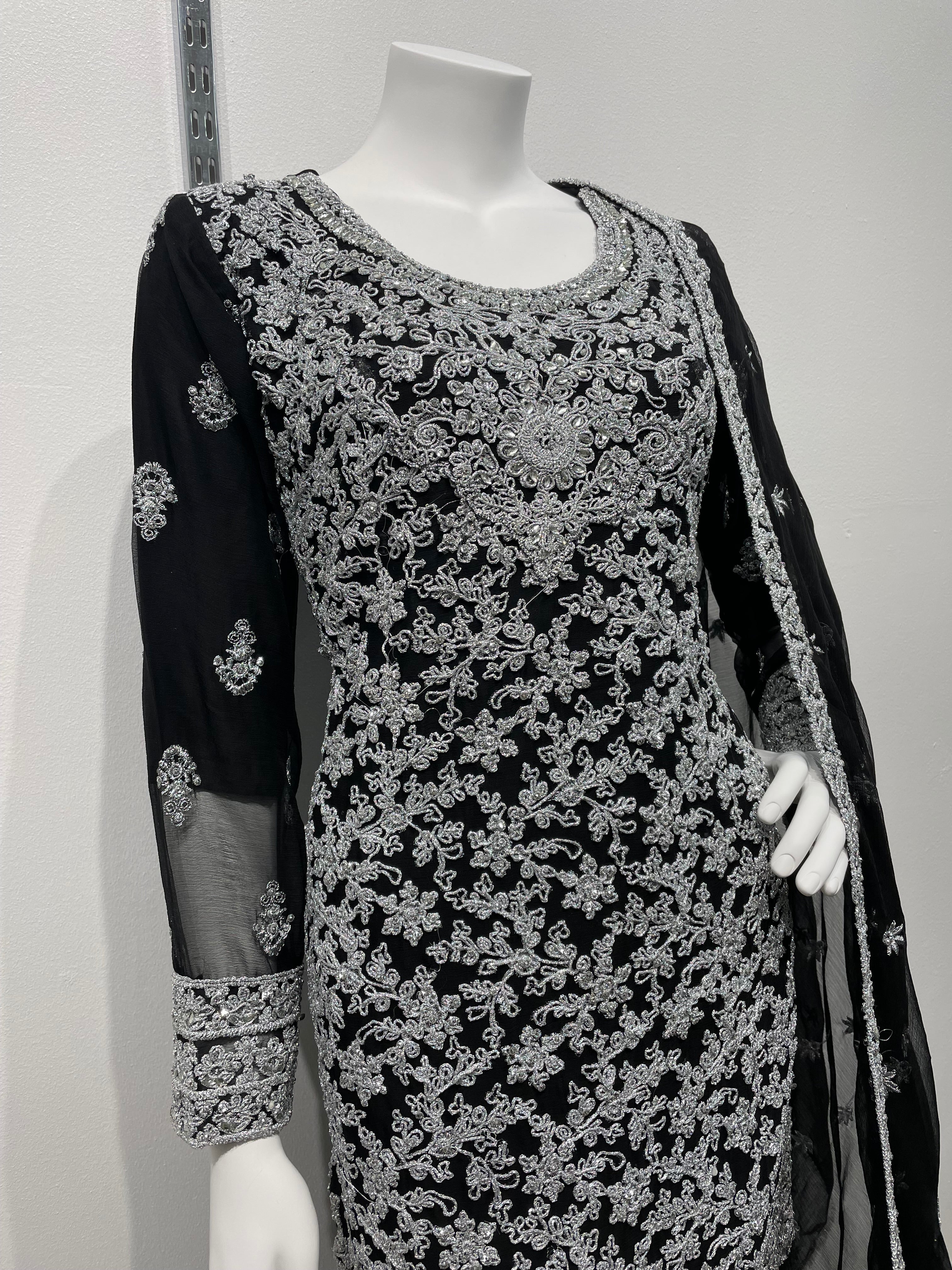 Black Chiffon Shararah with silver embroidered work