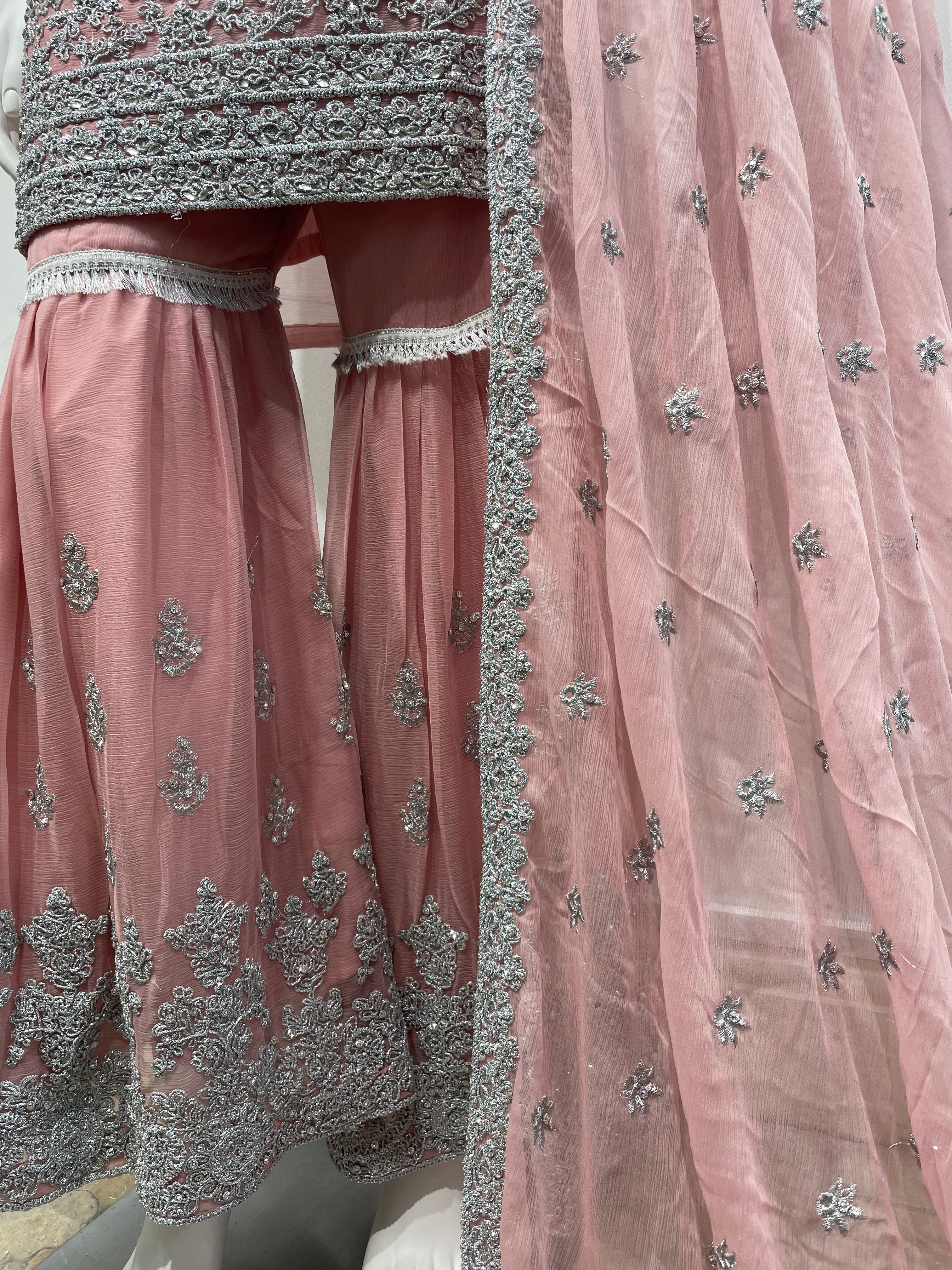 Pink Chiffon Shararah with silver embroidered work