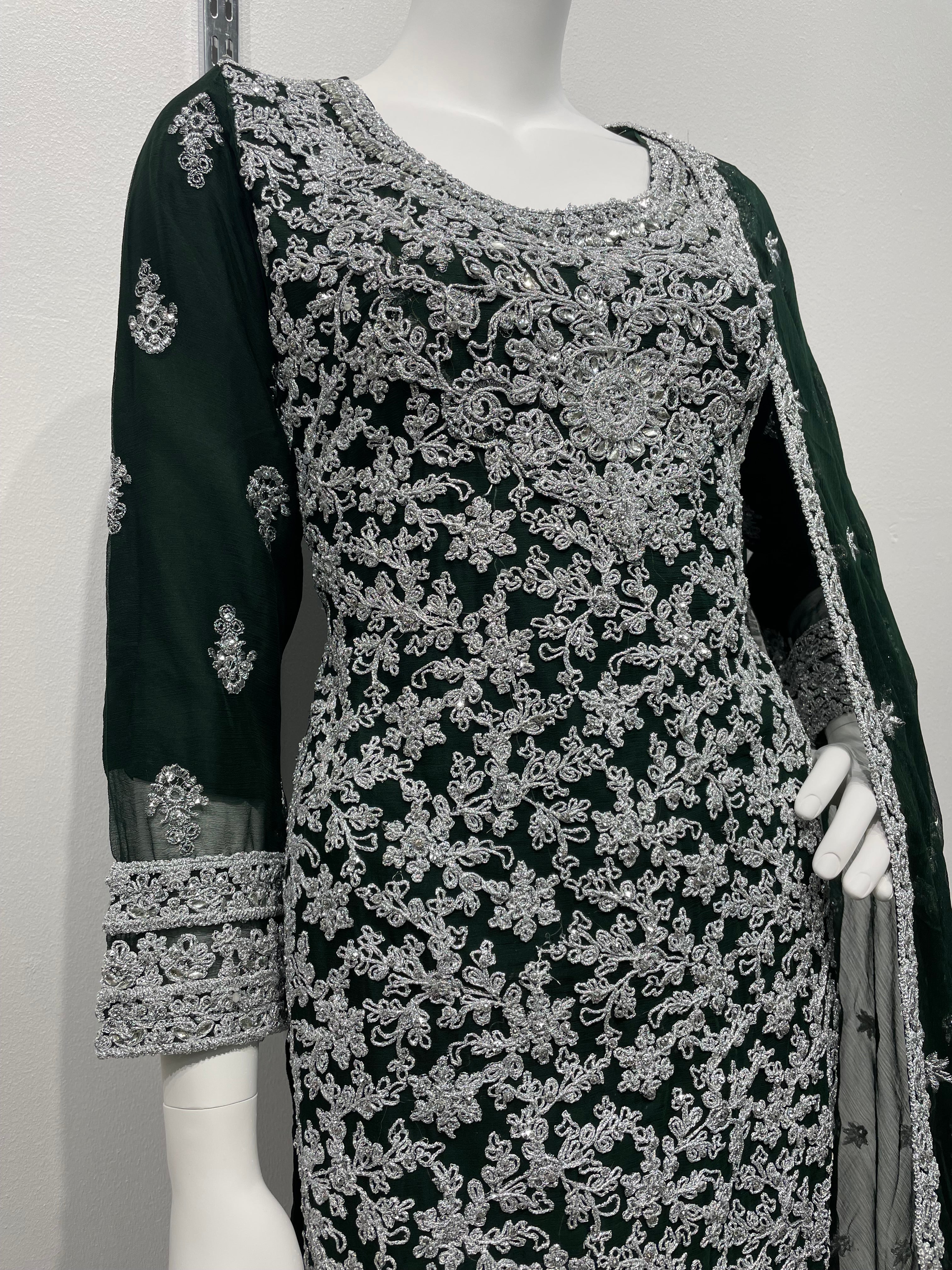 Green Chiffon Shararah with silver embroidered work