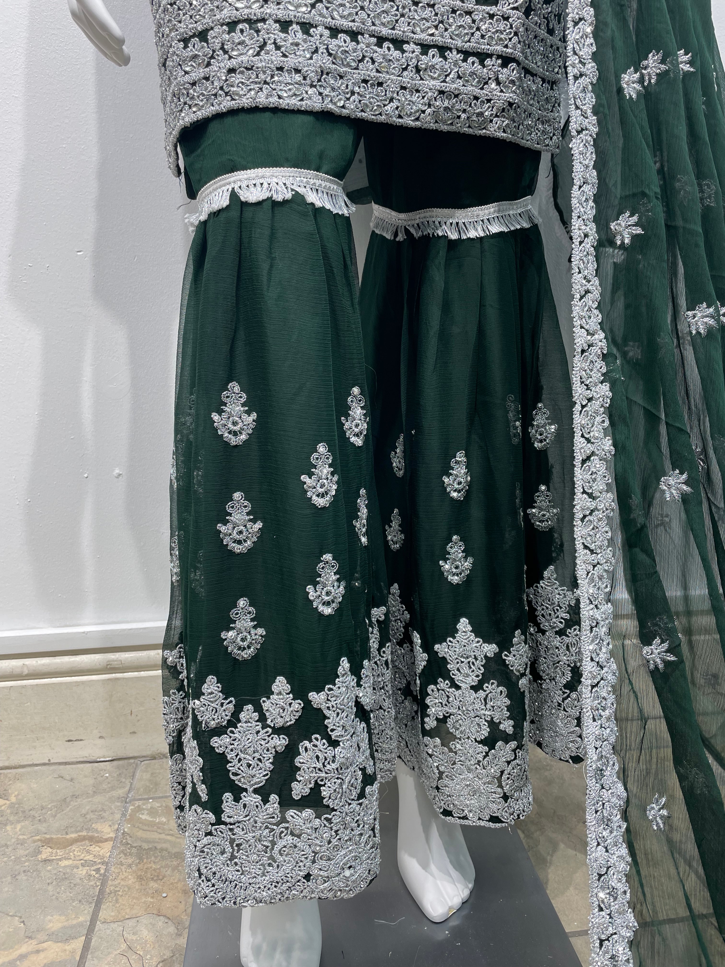 Green Chiffon Shararah with silver embroidered work
