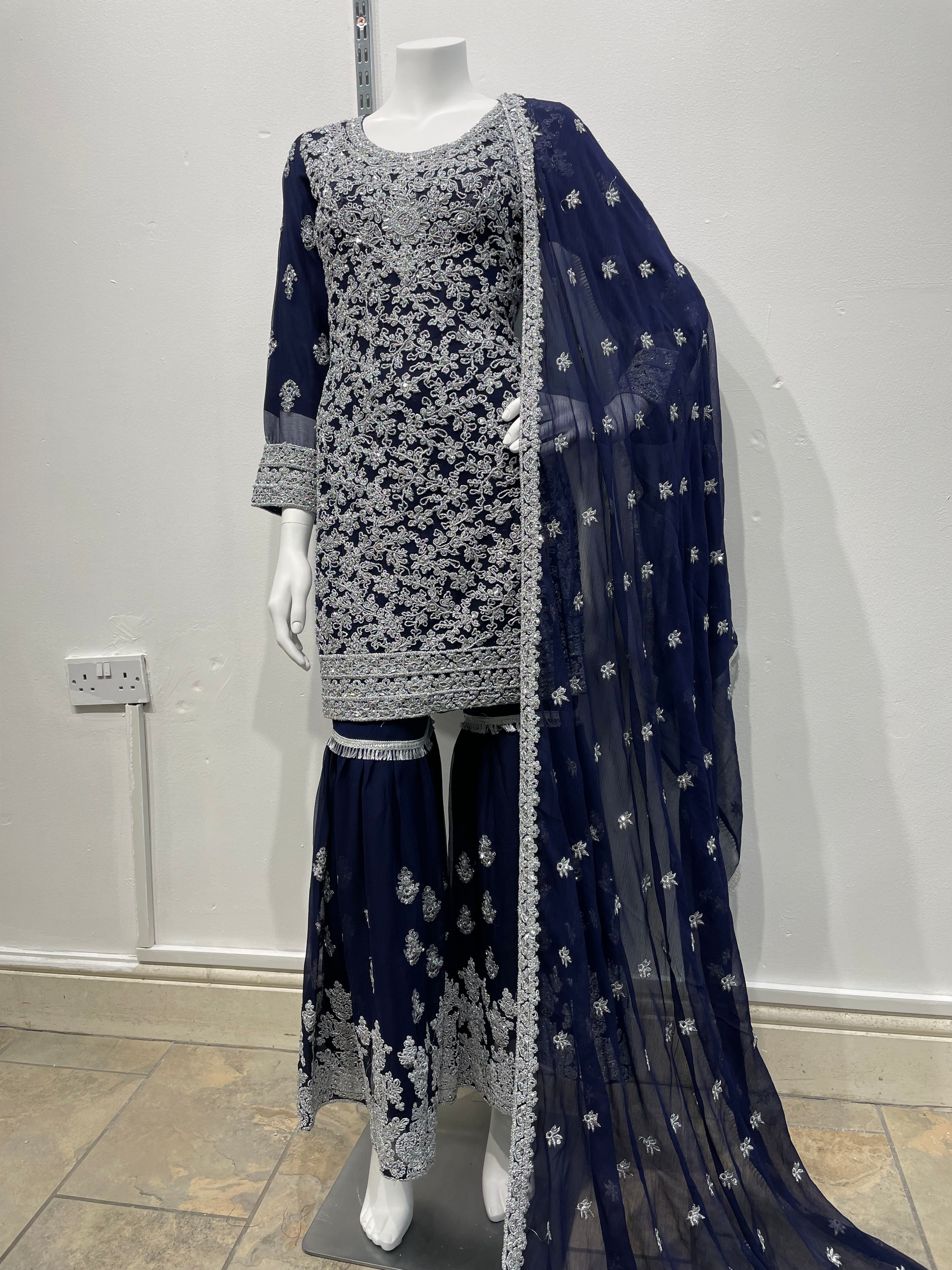Blue Chiffon Shararah with silver embroidered work