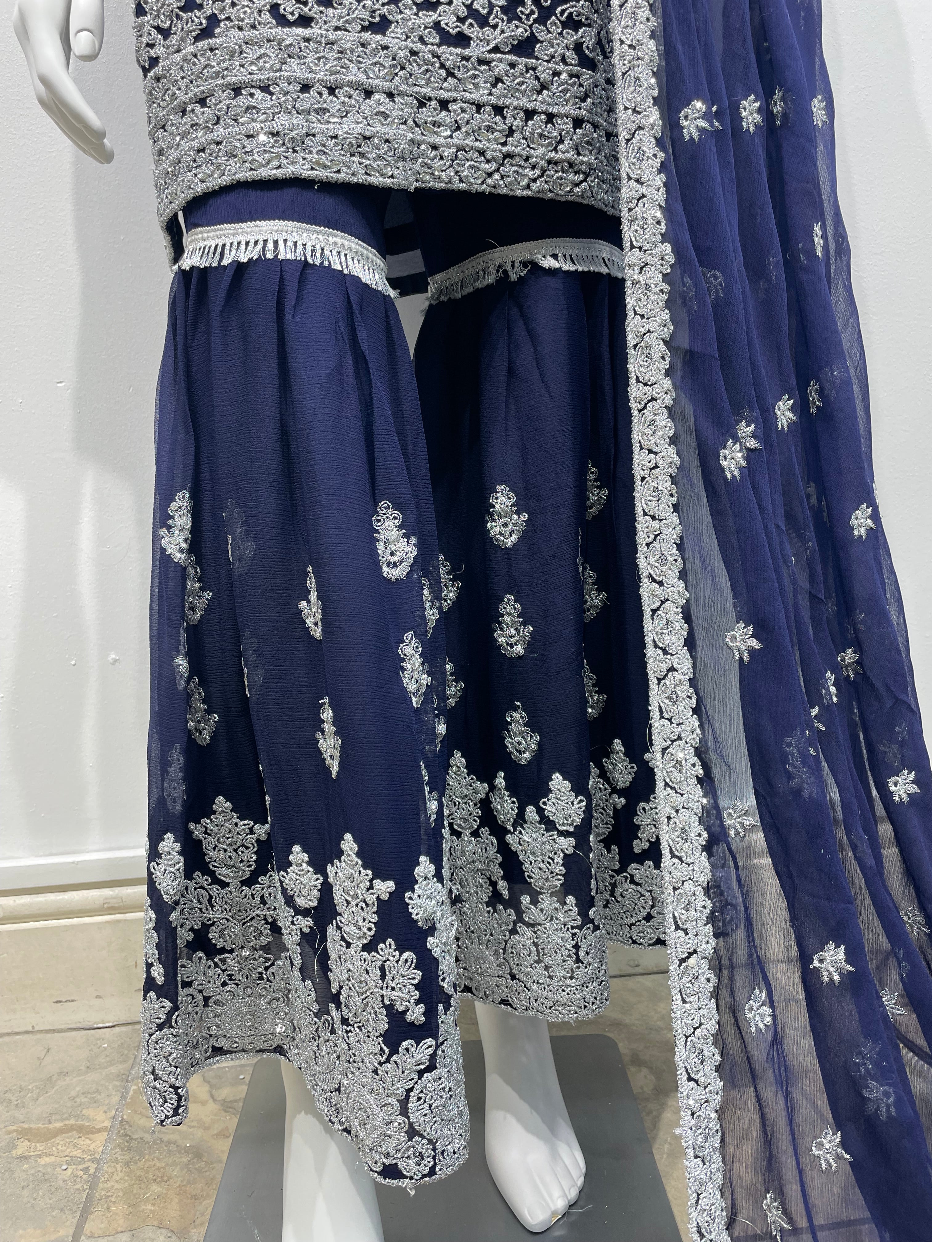 Blue Chiffon Shararah with silver embroidered work