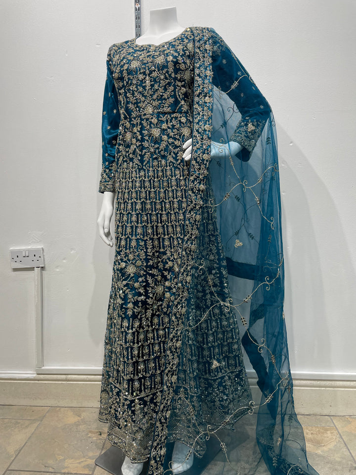Yusra - Dark Teal Heavy Embroidered Net Party Gown with White Gold Embroidered - 3pcs