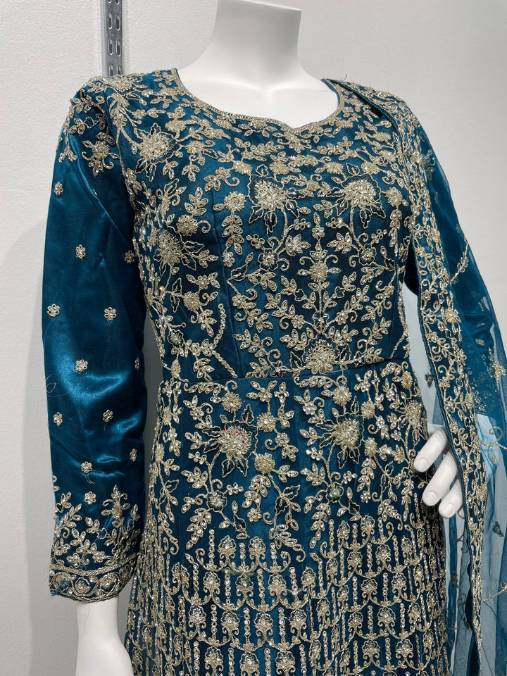 Yusra - Dark Teal Heavy Embroidered Net Party Gown with White Gold Embroidered - 3pcs