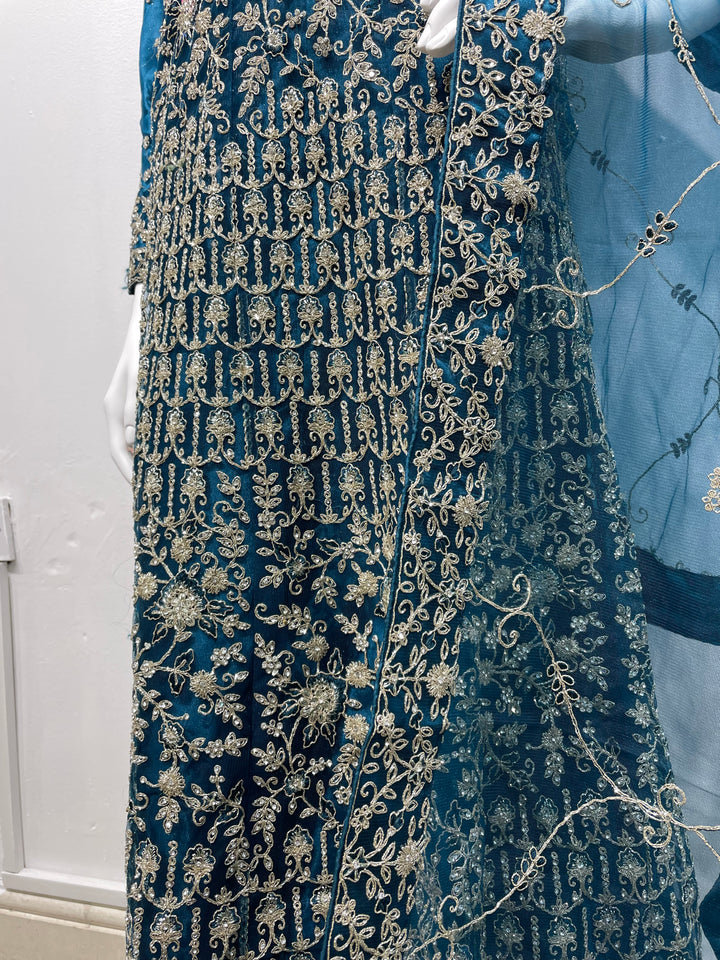 Yusra - Dark Teal Heavy Embroidered Net Party Gown with White Gold Embroidered - 3pcs