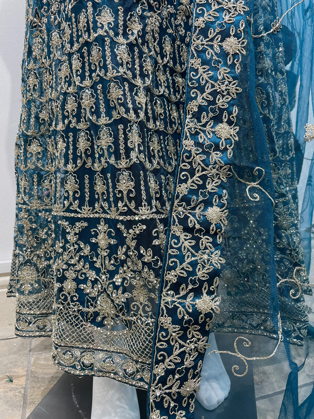 Yusra - Dark Teal Heavy Embroidered Net Party Gown with White Gold Embroidered - 3pcs
