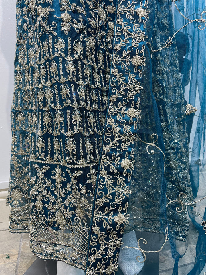 Yusra - Dark Teal Heavy Embroidered Net Party Gown with White Gold Embroidered - 3pcs