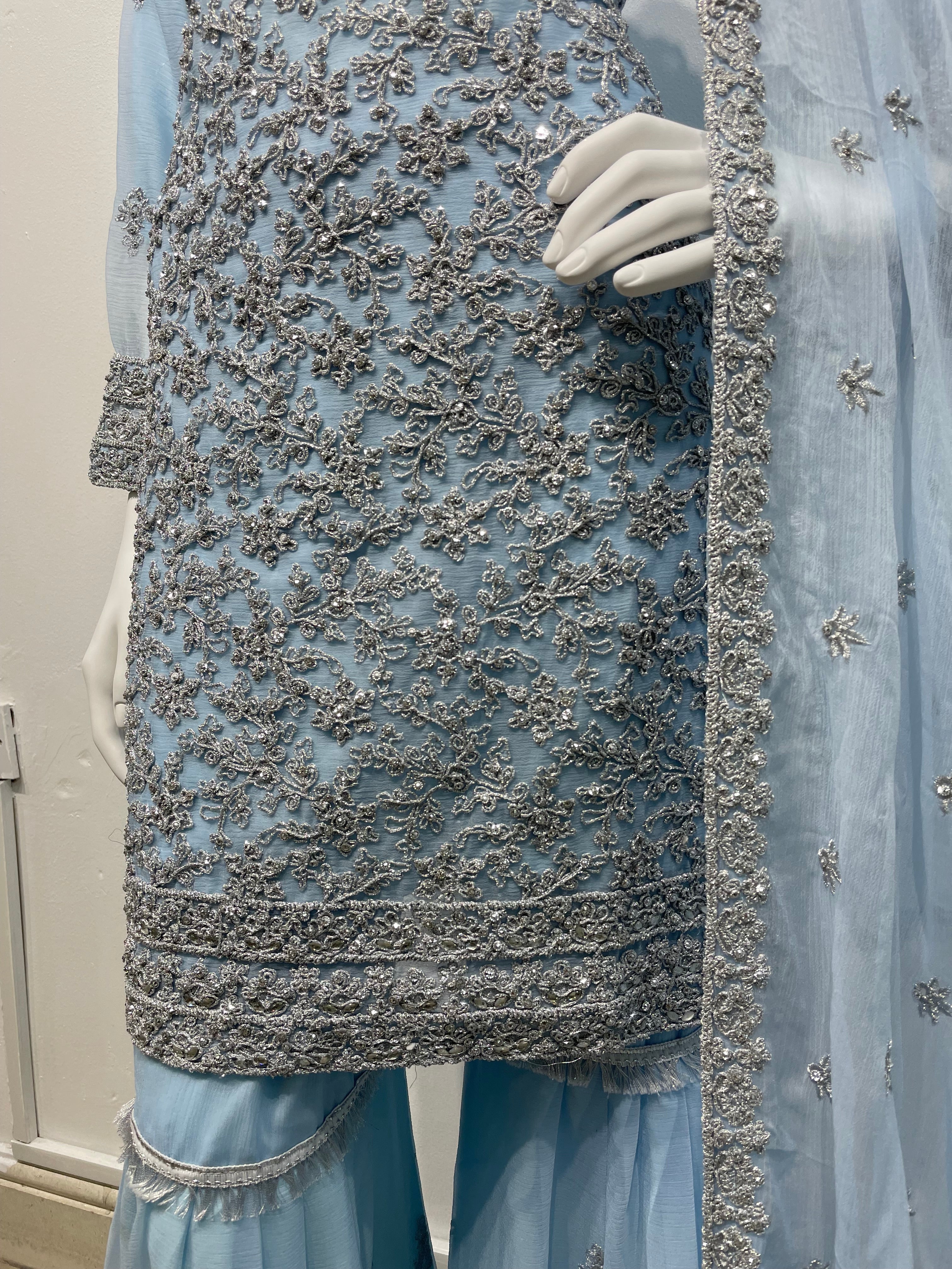 Baby Blue Chiffon Shararah with silver embroidered work