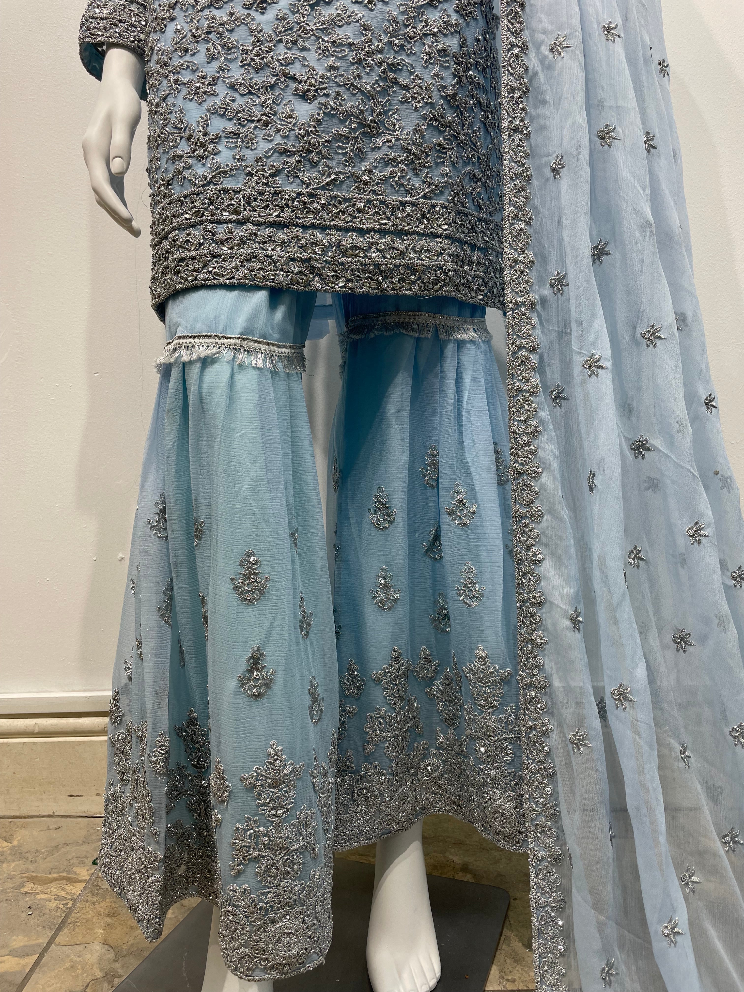 Baby Blue Chiffon Shararah with silver embroidered work