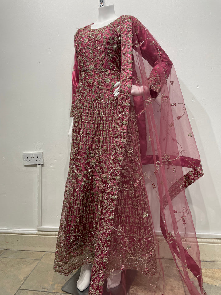 Yusra- Magenta Pink Heavy Embroidered Net Party Gown with White Gold Embroidered - 3pcs