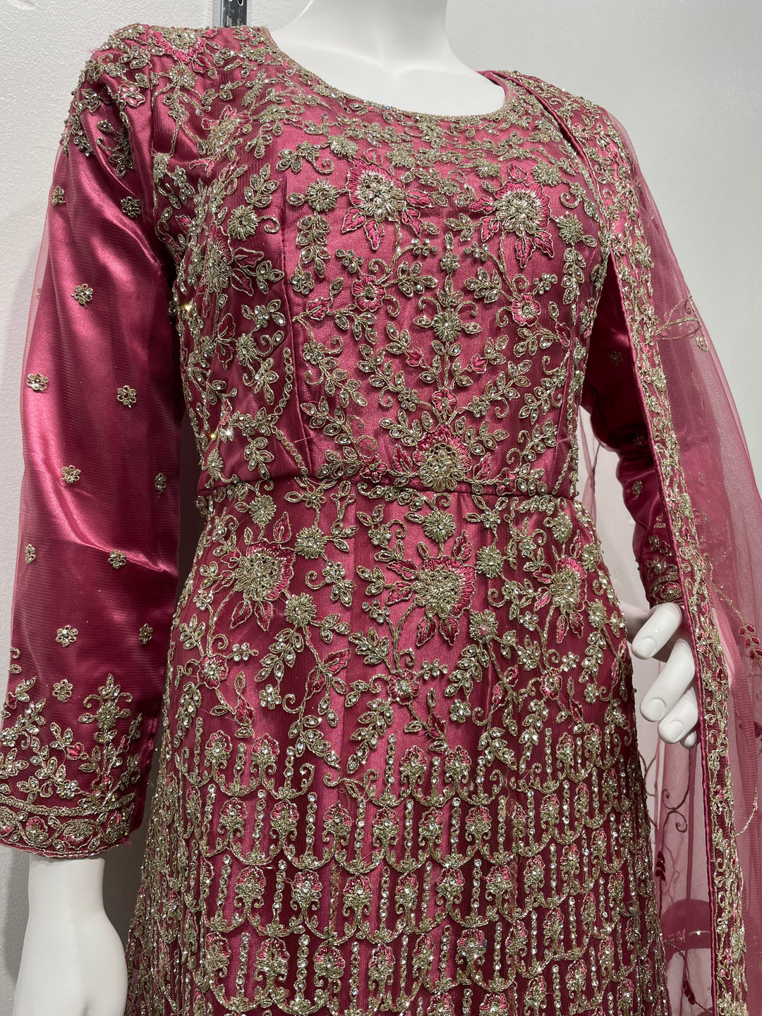 Yusra- Magenta Pink Heavy Embroidered Net Party Gown with White Gold Embroidered - 3pcs