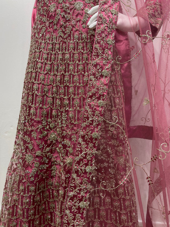 Yusra- Magenta Pink Heavy Embroidered Net Party Gown with White Gold Embroidered - 3pcs
